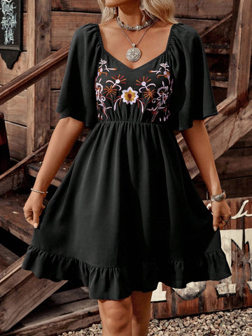 Step into charm with this Women's Mid Sleeve Embroidered Ruffle Hem Dress! Featuring delicate embroidery and a flirty ruffle hem, it cinches at the waist to highlight your silhouette. Perfect for adding a playful yet elegant touch to any occasion.