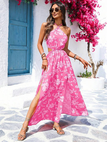 Embrace effortless elegance with this stunning pink floral maxi dress, perfect for summer getaways and special occasions. Featuring a flattering high-waist silhouette, sleeveless cold-shoulder design, and a thigh-high slit, this boho-inspired piece combines comfort with style. The halter neckline and backless detail create a chic, vacation-ready look, while the A-line cut ensures a graceful drape. Crafted from a breathable polyester-elastane blend with a knot detail at the waist, this unlined dress transiti