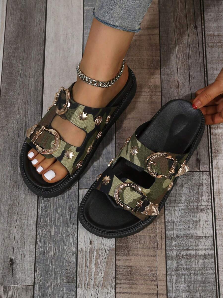 Top three-quarter view of army-green camouflage double-strap platform sandals