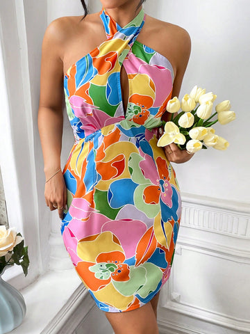 Unleash your inner elegance and playful side with our Women's Plunge Neck Halter Dress. This dress features a tie waist for a flattering silhouette and a vibrant, full print design. Perfect for any occasion, this dress will make you stand out in a crowd!