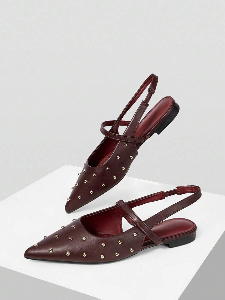 Front view of Women’s Pointed Toe Rivet Flat Loafers for Effortless Daily Style and Holiday Charm with burgundy pointed toe flat styling