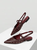 Front view of Women’s Pointed Toe Rivet Flat Loafers for Effortless Daily Style and Holiday Charm with burgundy pointed toe flat styling