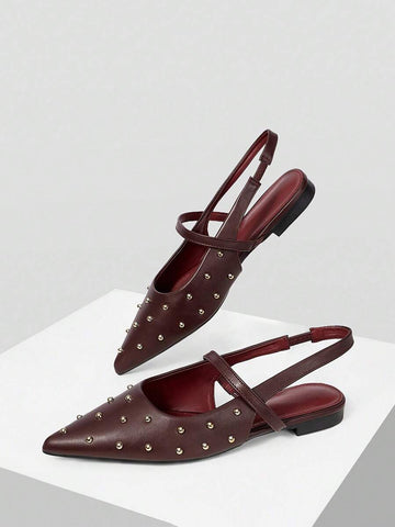 Front view of Women’s Pointed Toe Rivet Flat Loafers for Effortless Daily Style and Holiday Charm with burgundy pointed toe flat styling
