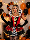 Front view of Queen of Hearts costume with red black tutu dress and crown