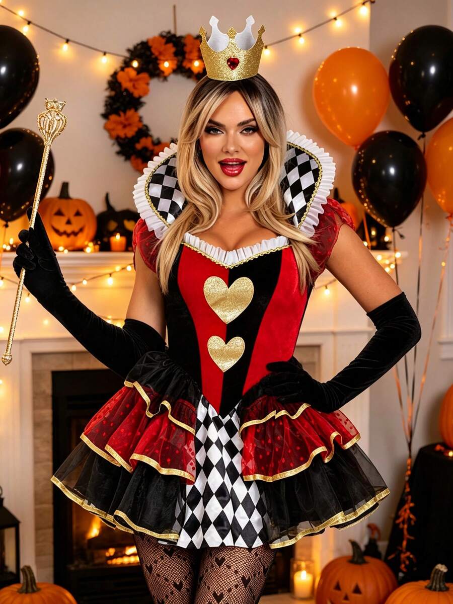 Front view of Queen of Hearts costume with red black tutu dress and crown