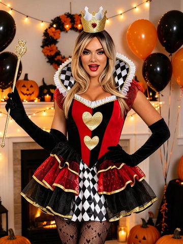 Front view of Queen of Hearts costume with red black tutu dress and crown