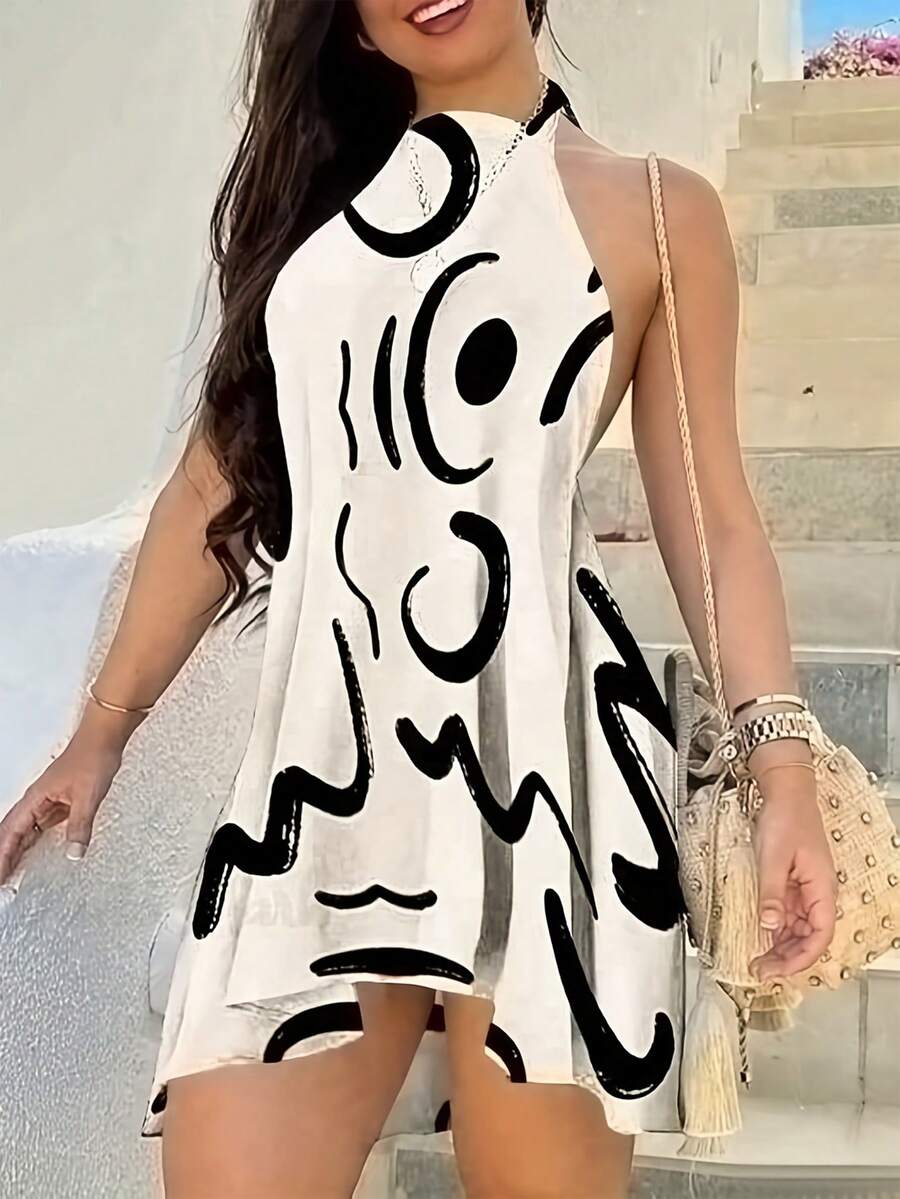 Effortless elegance meets bohemian charm in this versatile summer dress. The halter neckline flatters while the asymmetrical hem adds contemporary flair. Random print design brings visual interest to any occasion—perfect for vacations, casual outings, or evening gatherings. Lightweight and breathable, it's your go-to piece for warm-weather style that transitions seamlessly from day to night.