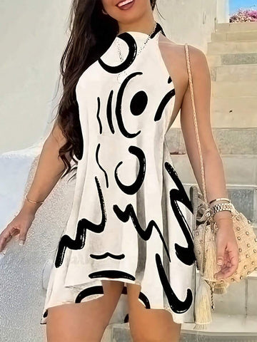 Effortless elegance meets bohemian charm in this versatile summer dress. The halter neckline flatters while the asymmetrical hem adds contemporary flair. Random print design brings visual interest to any occasion—perfect for vacations, casual outings, or evening gatherings. Lightweight and breathable, it's your go-to piece for warm-weather style that transitions seamlessly from day to night.