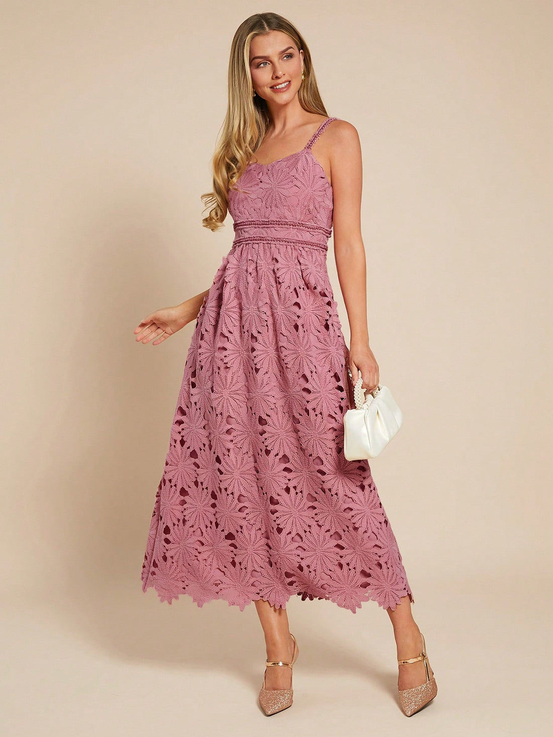 Float into any event with grace in this women's light pink satin midi dress, sprinkled with delicate floral patterns. Its A-line silhouette adds a flirty twirl to your step, perfect for those moments when elegance meets a playful vibe. Feel romantic and radiant wherever you go!