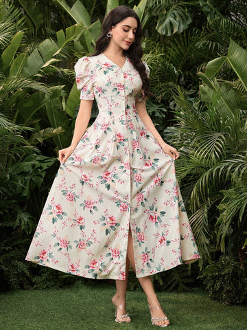 This dress adds a touch of whimsy to any outfit with its playful puff sleeves and chic digital print. The waist-cinched design flatters your figure for a confident and stylish look. Perfect for any occasion, from a casual day out to a special event.