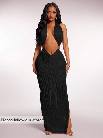 Women's Sexy V-Neck Backless Ruffle Maxi Dress