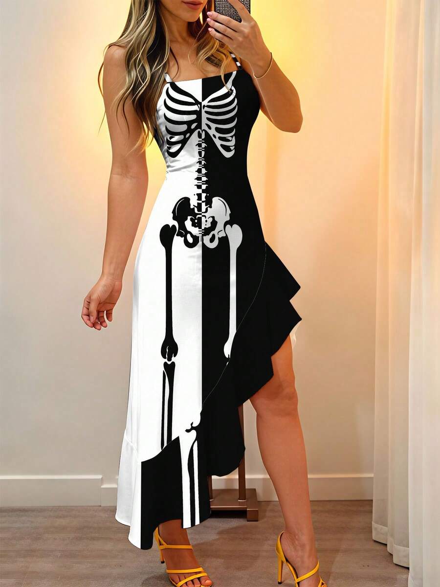 Front view of black and white skeleton print asymmetric ruffle hem dress