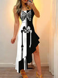Front view of black and white skeleton print asymmetric ruffle hem dress