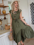 Step into summer with this playful sleeveless dress featuring a charming eyelet collar and a flirty ruffle hem. Its solid color design keeps things simple yet stylish, perfect for sunny days and casual outings. Lightweight and breezy, it’s your go-to for effortless chic all season long.