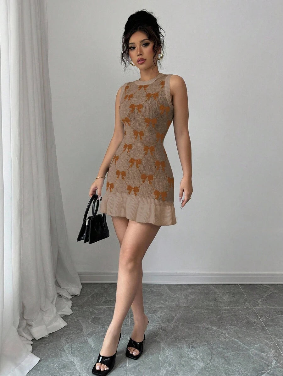 Elevate your everyday style with this charming sleeveless sweater dress that effortlessly blends comfort and sophistication. Featuring a delicate bowknot detail at the neckline and a playful ruffle hem, this piece brings personality to your wardrobe. The soft, cozy knit fabric keeps you warm while the sleeveless design offers versatility for layering or wearing solo. Perfect for casual outings, office settings, or weekend adventures, this dress transitions seamlessly from season to season. Whether you pair 