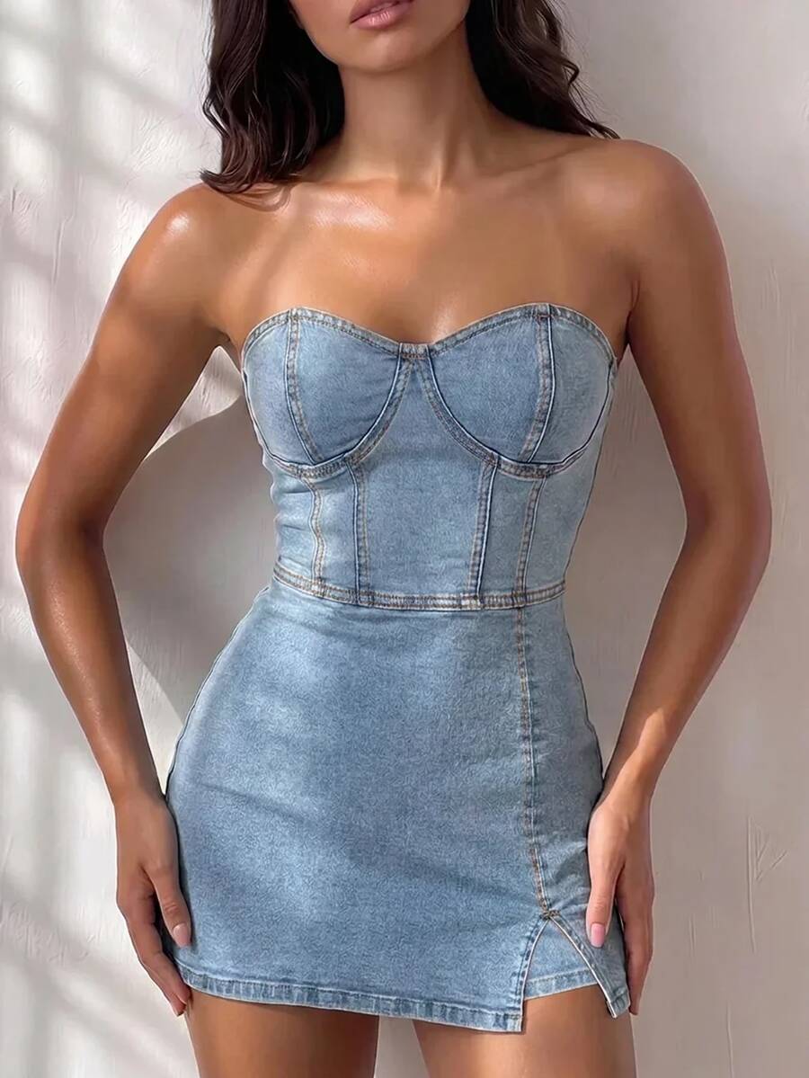 Women's Slim Fit Fashion Denim Tube Dress Club Night Out Light Blue Autumn Sexy