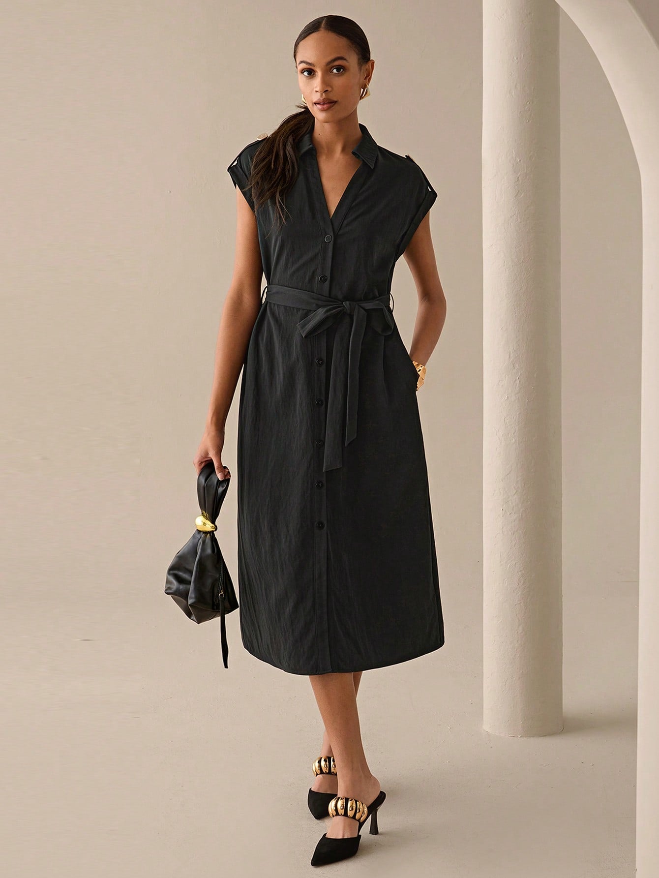 Women's Solid Color Cuffed Sleeve Midi Dress