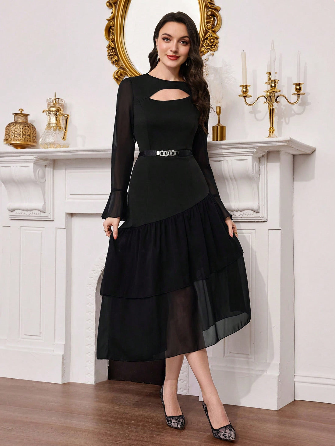 Get ready to turn heads in this elegant round neck dress. With its solid color and long sleeves, it's perfect for any casual occasion. The design adds a touch of sophistication to your look, making you feel confident and stylish. Stay comfortable and chic all day long.