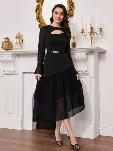 Get ready to turn heads in this elegant round neck dress. With its solid color and long sleeves, it's perfect for any casual occasion. The design adds a touch of sophistication to your look, making you feel confident and stylish. Stay comfortable and chic all day long.