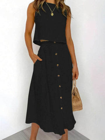 Effortless summer style in one coordinated set. This two-piece ensemble features a sleeveless solid-color top paired with a casual loose-fit skirt adorned with front button details. Perfect for warm-weather days, casual outings, or relaxed weekend wear. 
