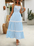 This maxi dress is perfect for your spring-summer getaways! It features a flattering A-line silhouette and a delicate lace trim, creating a playful and feminine look. The bold stripes add a touch of fun and can easily be dressed up or down. Get ready to turn heads on your next vacation!