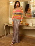 Front view of multicolor off-shoulder rib-knit maxi dress with horizontal striped bodice and vertical striped skirt