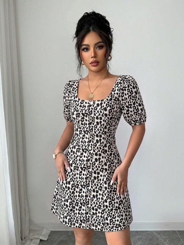 Ivory leopard print square neck puff sleeve mini dress
