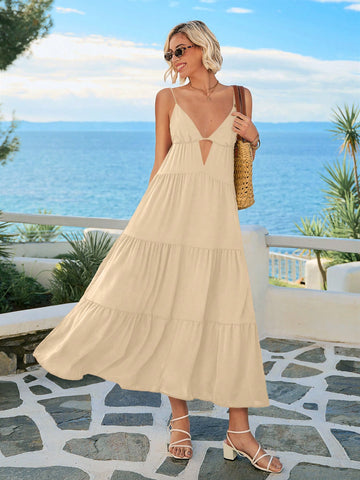 Embrace sunny days in this playful summer maxi dress featuring a breezy cami style, a flirty cut-out front, and a charming ruffle hem. Perfect for beach getaways or lively festivals, it combines comfort and style effortlessly to keep you cool and radiant wherever you go.