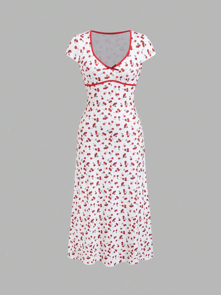 Step into sunshine and smiles with this playful Women's Summer Cherry Print Maxi Dress. Featuring a flirty sweetheart neckline and breezy short sleeves, it’s perfect for warm days and sweet adventures. The vibrant cherry print adds a pop of fun, while the flowing maxi length keeps you cool and comfortable all day long. Whether you’re strolling through the park or dancing at a summer party, this dress brings a fresh, joyful vibe to your wardrobe.