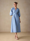 Effortlessly breezy and undeniably cute, this summer denim dress is your new go-to for casual days that demand style. The charming button-front detail adds a touch of vintage flair, while the playful lantern sleeves give you that perfect balance of comfort and fashion-forward vibes. Crafted from lightweight denim, it's breathable enough for warm weather yet sturdy enough to handle all your adventures. Pair it with sneakers for a laid-back vibe or dress it up with sandals and accessories for something a litt