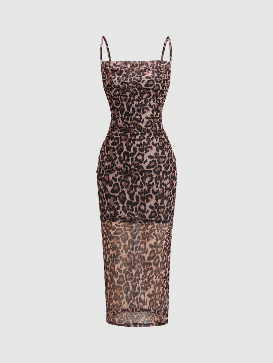 Front view of brown leopard-print mesh bodycon midi dress with spaghetti straps
