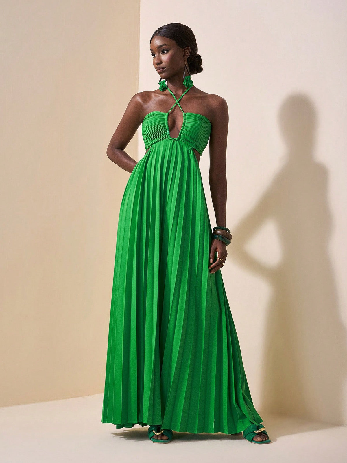 ruffle beach dress Women's Summer Solid Green V-Neck – Perfect for Vacations Size:17½ 34/35 slip dress Armani Exchange Day dress See a short print
