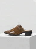 Front view of Women's Textured Patchwork Mule Slip-On Shoes with Chunky Heels for Festive Holiday Style for punk motorcycle boot styling
