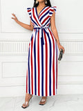 Twirl into style with our V-Neck Maxi Dress! The playful black and white stripes create an eye-catching look, while butterfly sleeves add a touch of whimsy. Cinch the flattering silhouette with the included sash tie for a customized fit. Perfect for summer soirées, beach vacations, or dressed up with accessories for evening events. This versatile dress brings fun and flair to any occasion!