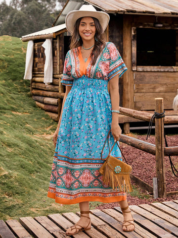Women's V-Neck Short Sleeve Floral Print Casual Dress