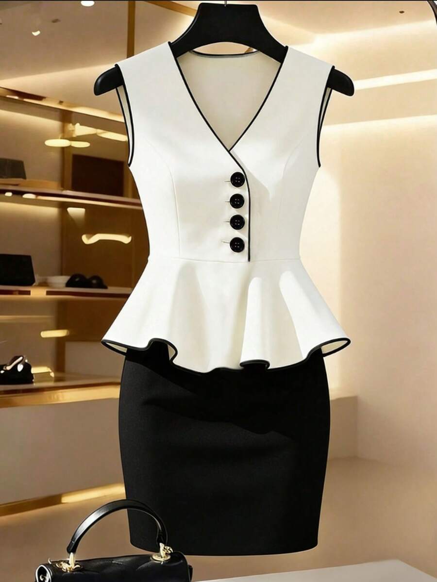 Elevate your wardrobe with this chic two-piece set featuring a V-neck sleeveless top with an asymmetric ruffle hem and contrast binding, paired with a fitted mini skirt. The colorblock black and white design offers timeless elegance perfect for the office or special occasions. Crafted from a comfortable polyester-elastane blend with slight stretch, this slim-fit set moves with you throughout the day. 