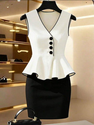 Elevate your wardrobe with this chic two-piece set featuring a V-neck sleeveless top with an asymmetric ruffle hem and contrast binding, paired with a fitted mini skirt. The colorblock black and white design offers timeless elegance perfect for the office or special occasions. Crafted from a comfortable polyester-elastane blend with slight stretch, this slim-fit set moves with you throughout the day. 