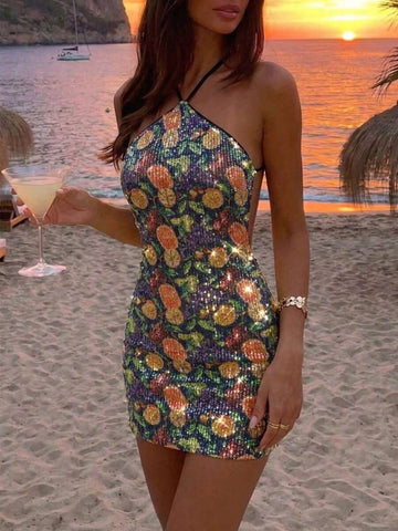 Multicolor sequin halter mini dress front view with tropical print