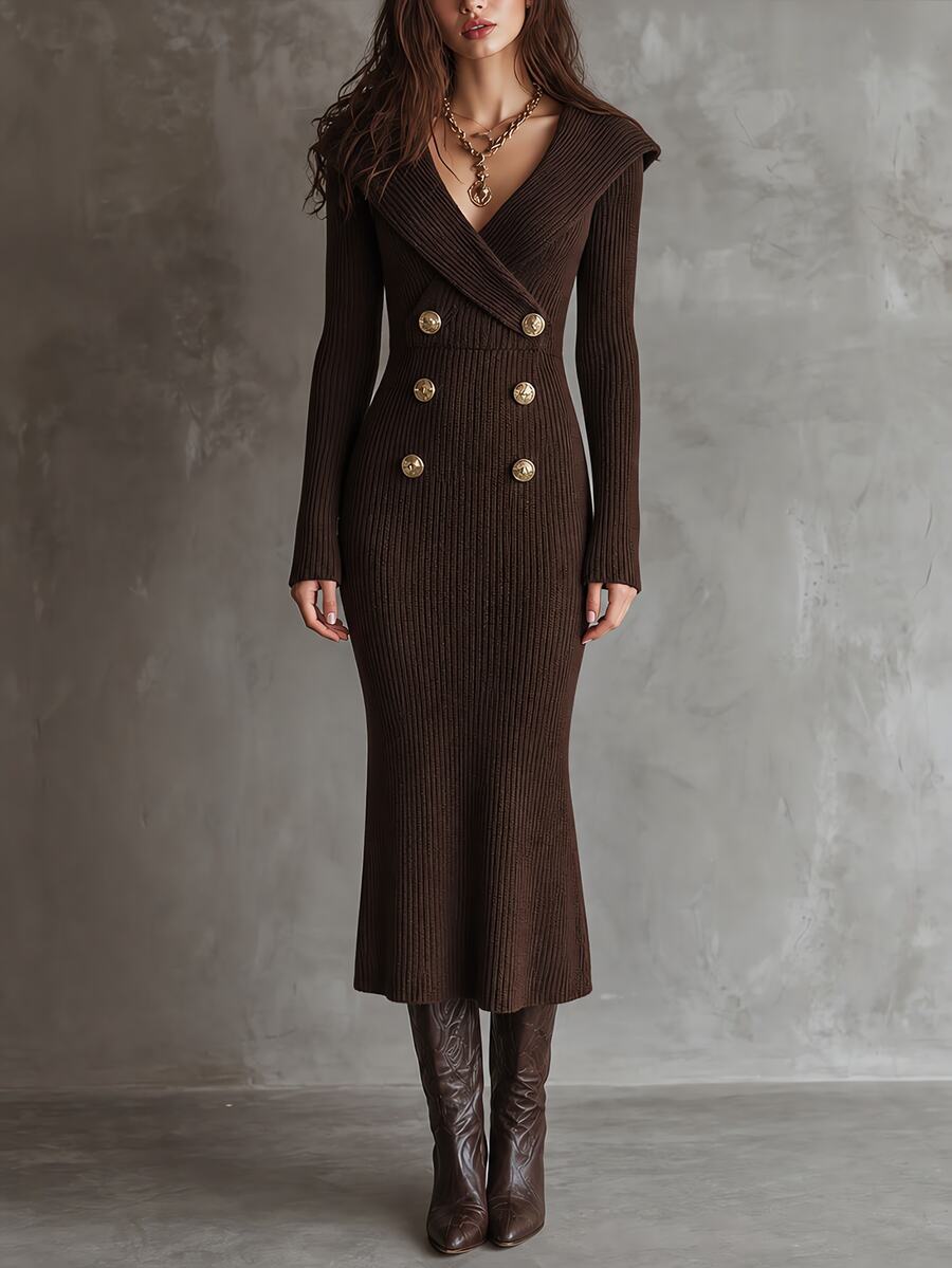Shop a vintage French knit midi dress with a lapel collar and button details. A timeless style for fall outfits, winter gatherings, and everyday elegance.