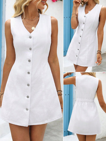 Step into summer with this playful white denim dress designed to keep you cool and stylish. Its crisp, clean look pairs effortlessly with your favorite accessories, making it a go-to for sunny days and casual outings. Lightweight and comfortable, this dress is your new essential for easy, breezy fashion all season long.