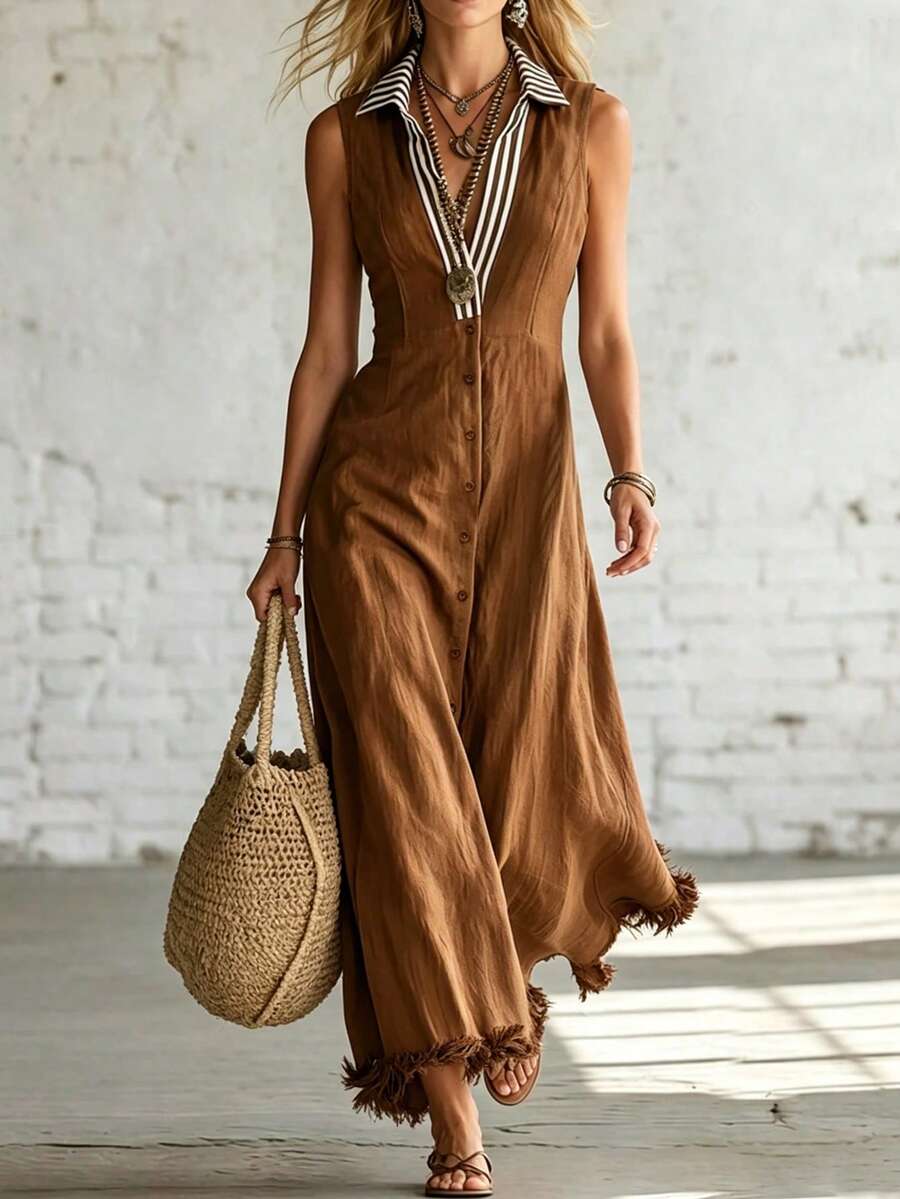 Front view of brown sleeveless maxi shirt dress with striped collar and frayed hem