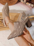 Outer side view of taupe crochet pointed-toe slingback pump with brown block heel and round buckle