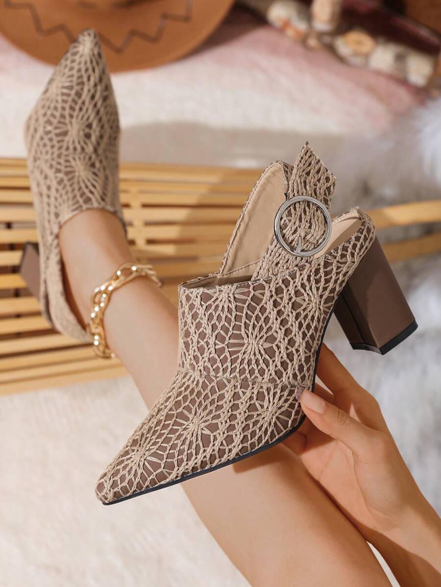 Outer side view of taupe crochet pointed-toe slingback pump with brown block heel and round buckle