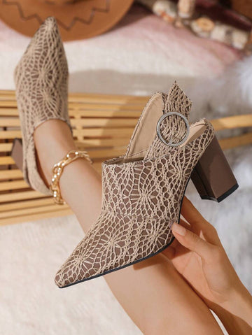 Outer side view of taupe crochet pointed-toe slingback pump with brown block heel and round buckle