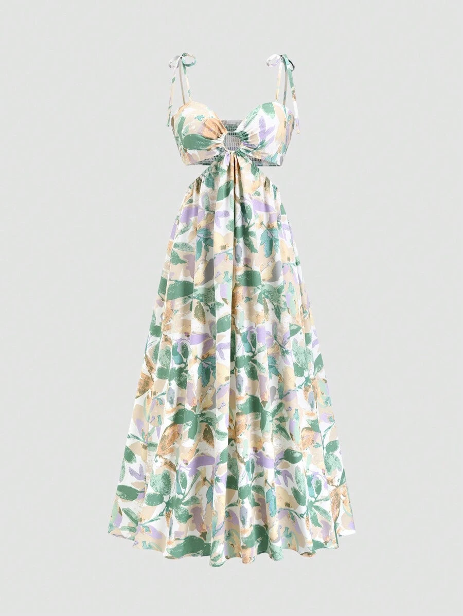Front view of apricot floral midi dress for effortless summer style
