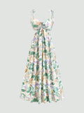 Front view of apricot floral midi dress for effortless summer style