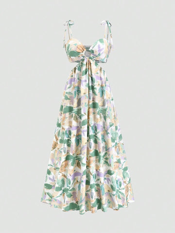 Front view of apricot floral midi dress for effortless summer style