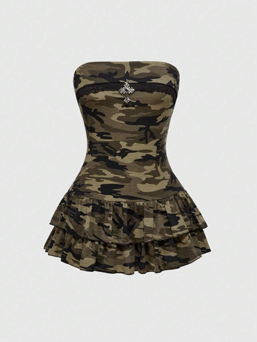 Front view of camo peplum mini dress for Y2K night-out style