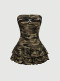 Front view of camo peplum mini dress for Y2K night-out style