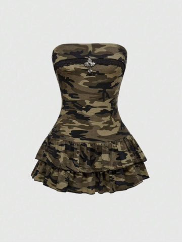 Front view of camo peplum mini dress for Y2K night-out style